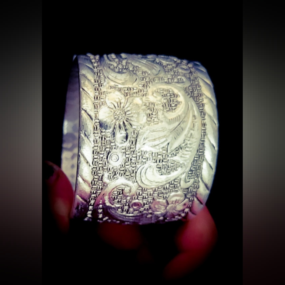 Large Vintage Bangle - Silver Plated Stainless Steel - Filigree Design - 1970s